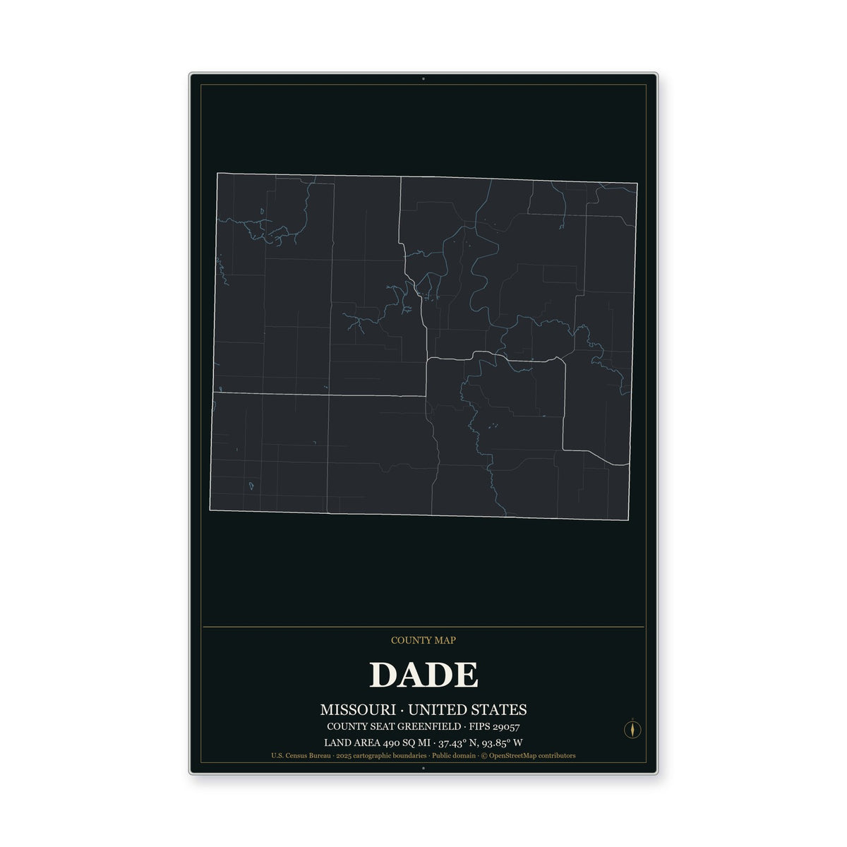 Dade County, Missouri Map Aluminum Sign in Metropolitan Noir style