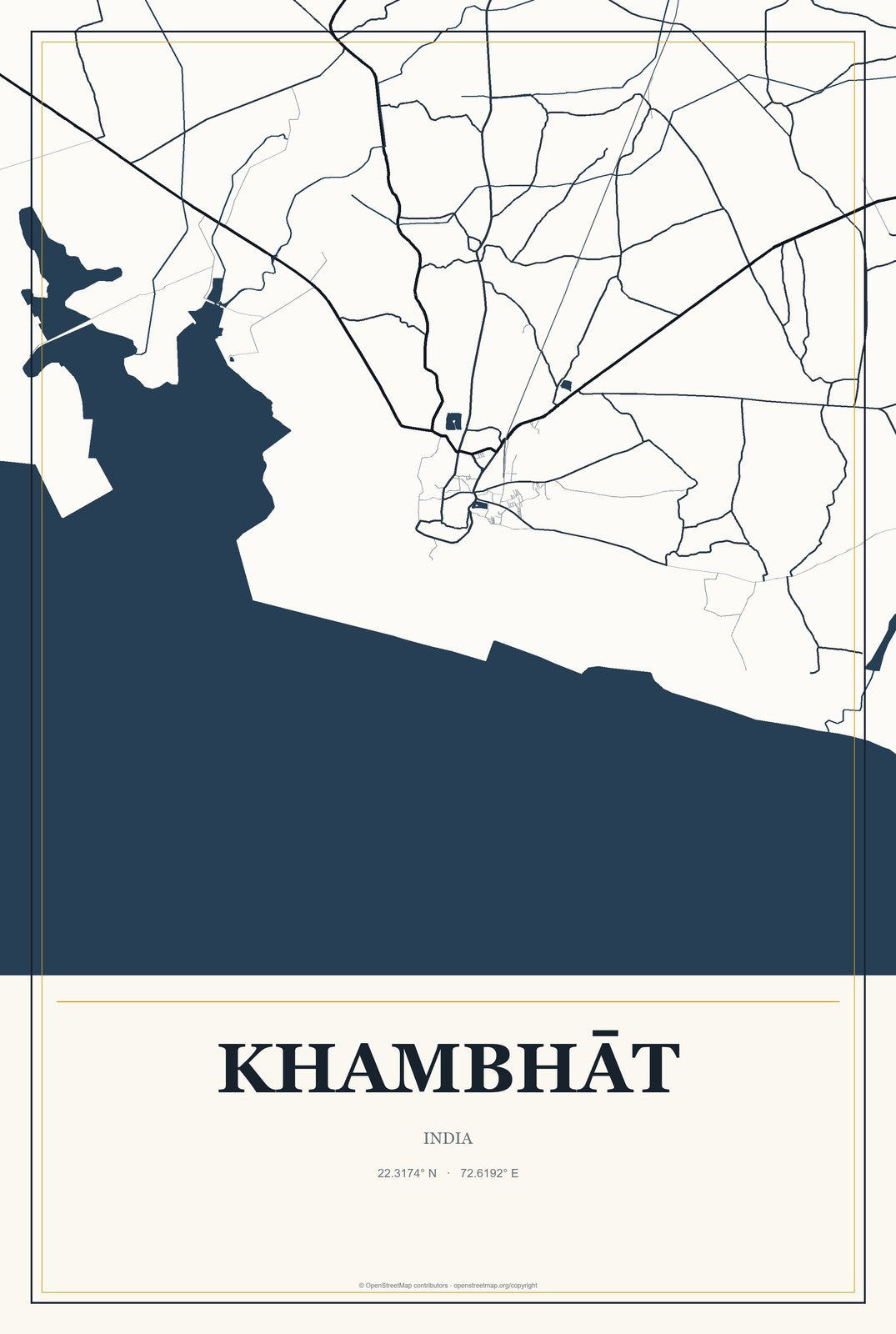 Khambhāt, India City Map Aluminum Sign in Citrine Modern style