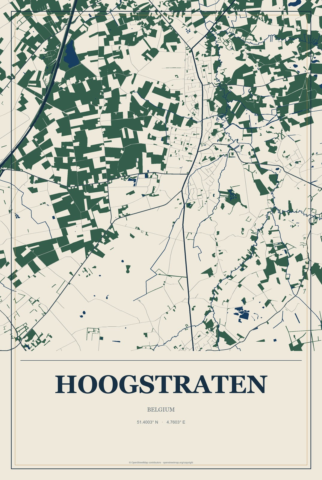 Hoogstraten, Belgium City Map Aluminum Sign in Coastal Cutout style