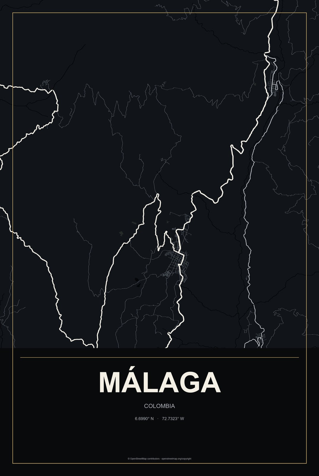 Málaga, Colombia City Map Aluminum Sign in Metropolitan Noir style