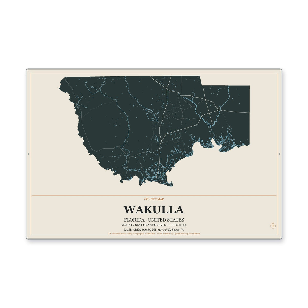 Wakulla County, Florida Map Aluminum Sign in Headline Atlas style