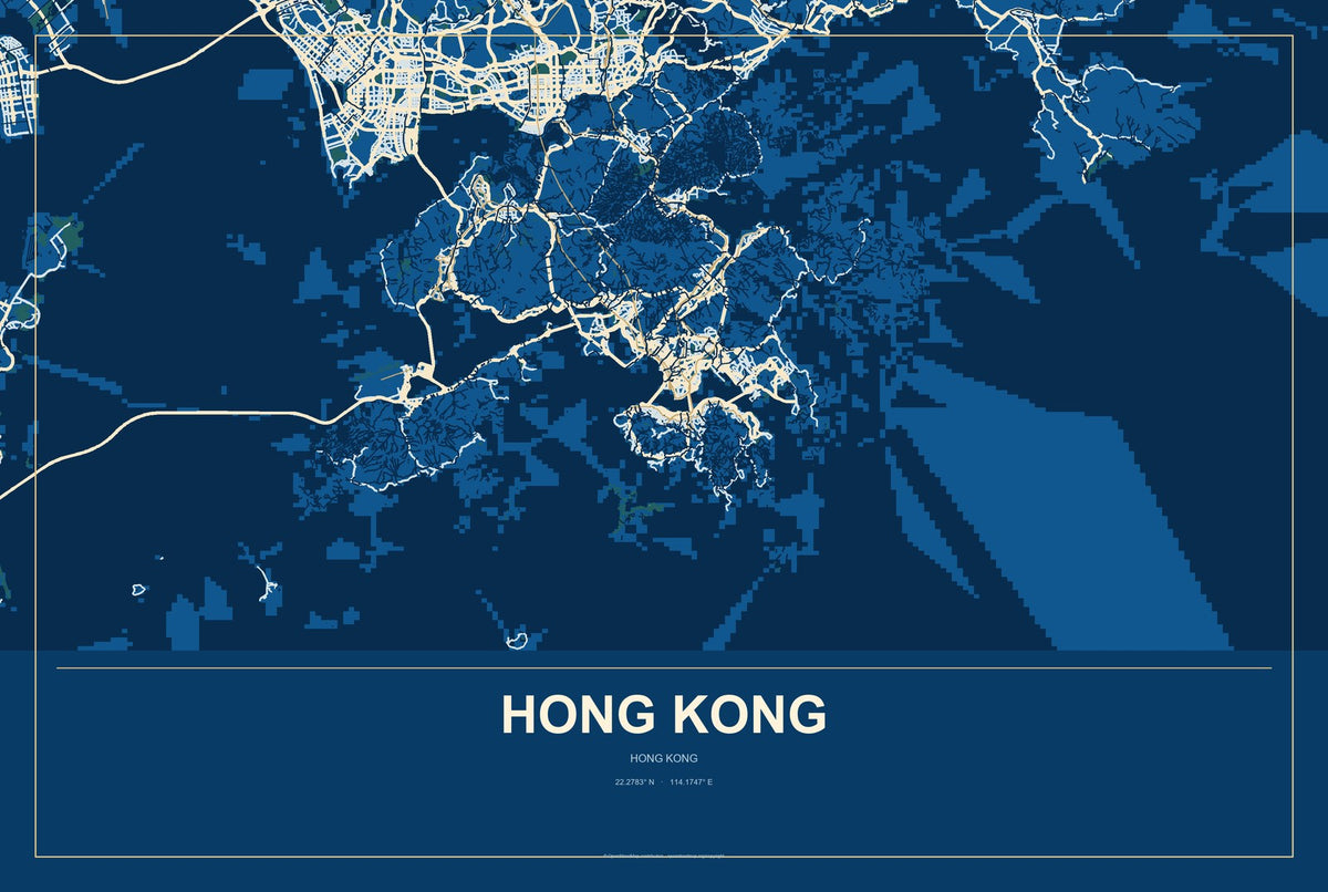 Hong Kong, Hong Kong City Map Aluminum Sign in Harbor Cobalt style