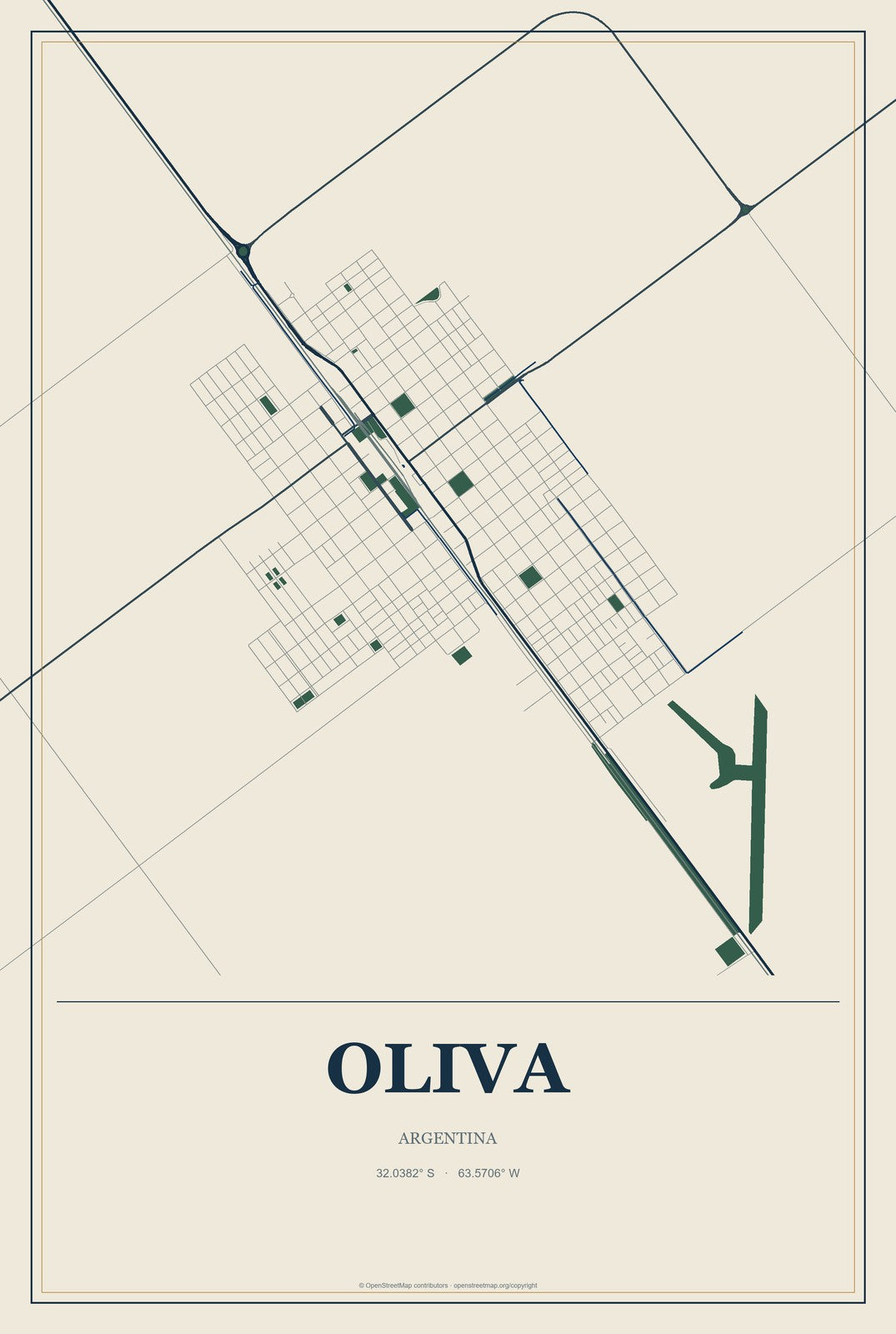Oliva, Argentina City Map Aluminum Sign in Coastal Cutout style