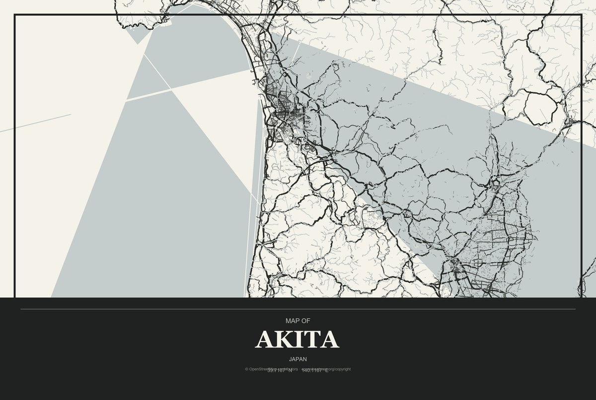 Akita, Japan City Map Aluminum Sign in Museum Plaque style