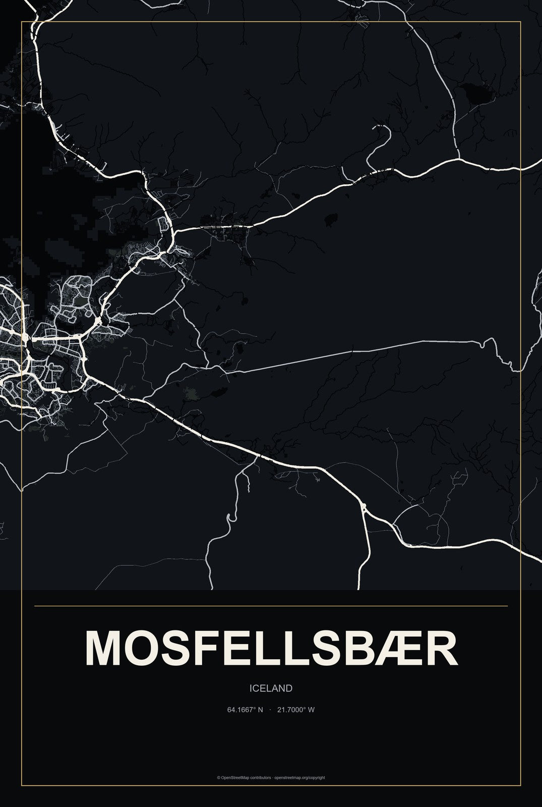 Mosfellsbær, Iceland City Map Aluminum Sign in Metropolitan Noir style