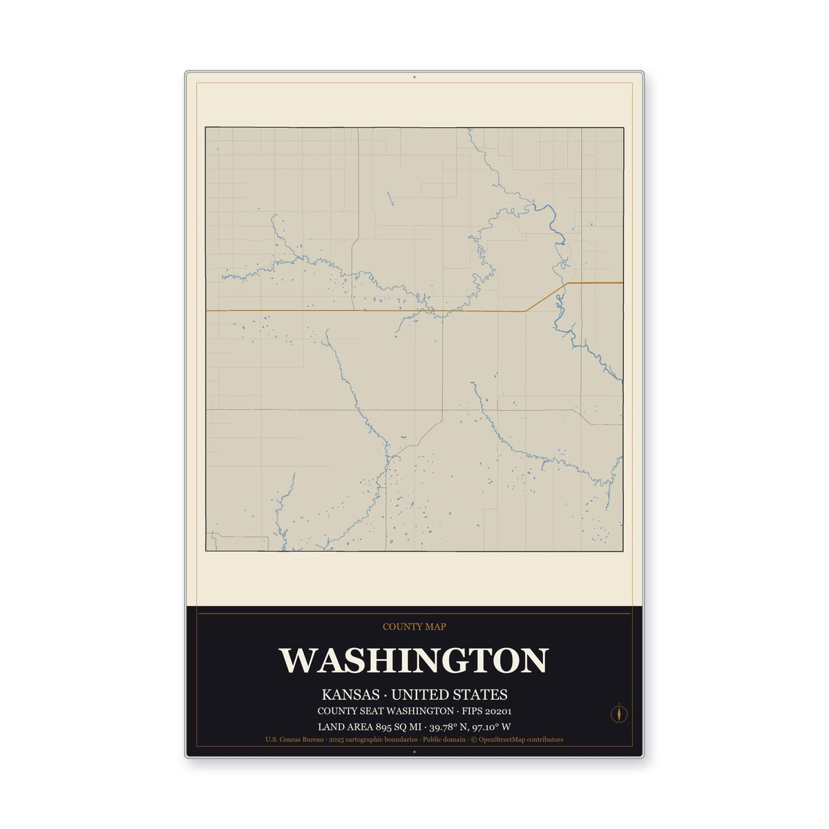 Washington County, Kansas Map Aluminum Sign in Museum Plaque style