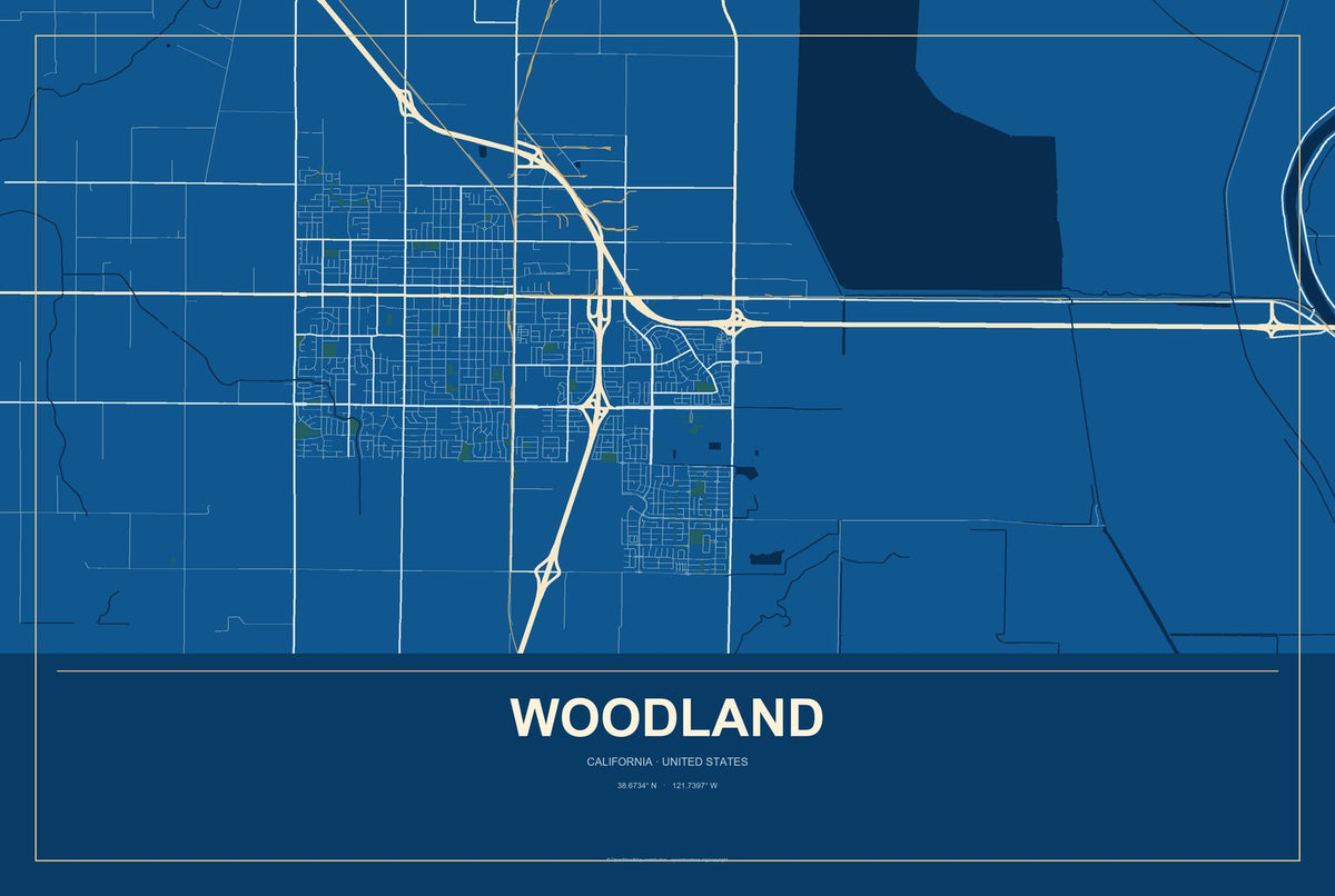 Woodland, California City Map Aluminum Sign in Harbor Cobalt style