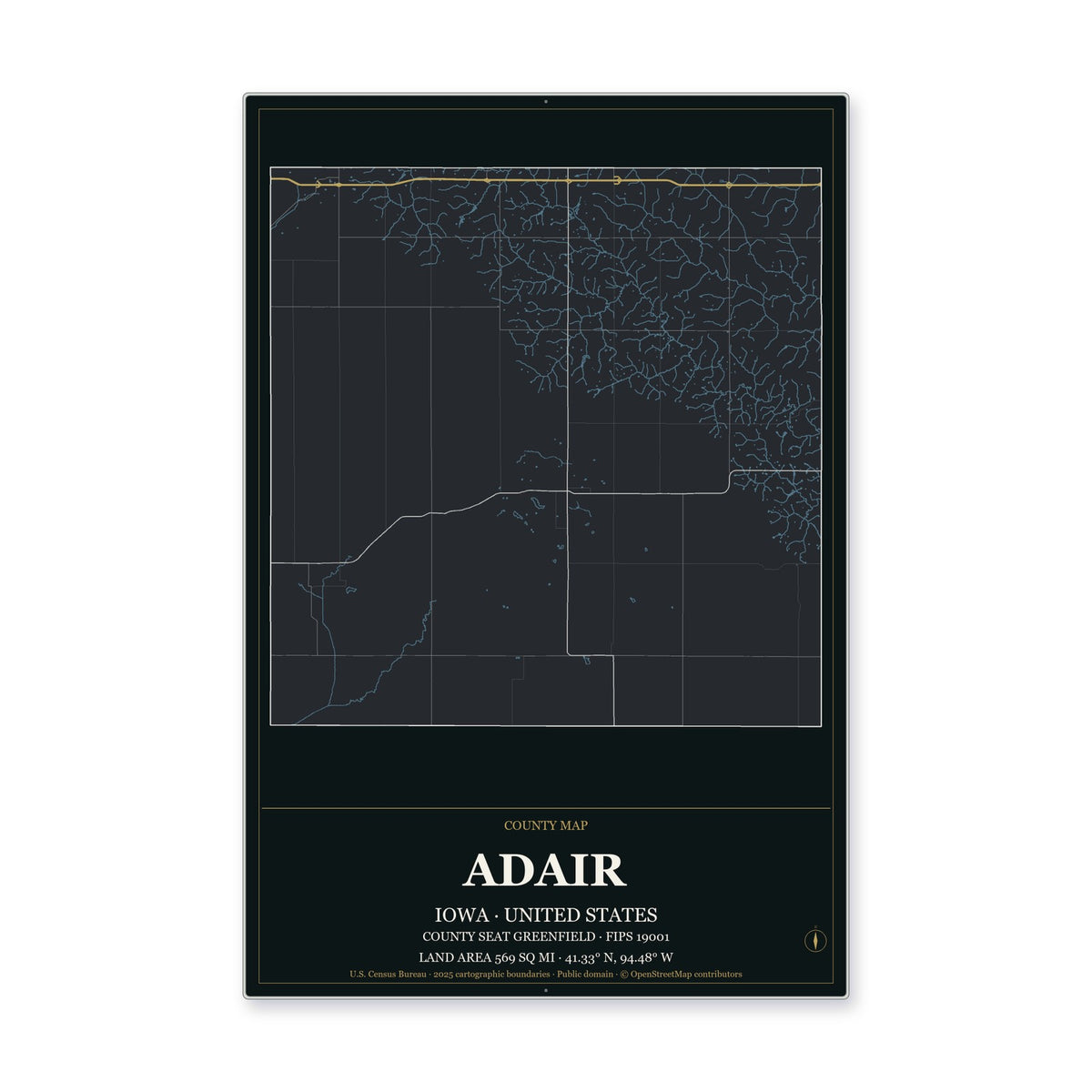 Adair County, Iowa Map Aluminum Sign in Metropolitan Noir style
