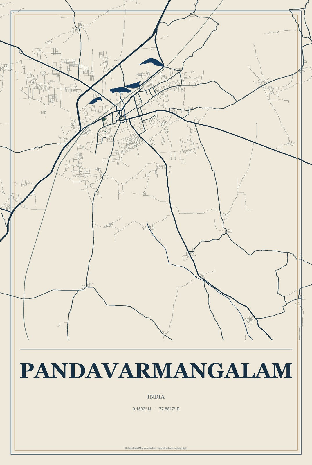Pandavarmangalam, India City Map Aluminum Sign in Coastal Cutout style