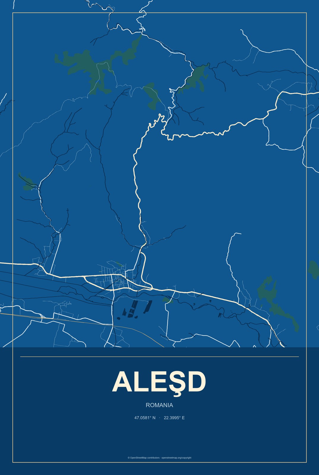 Aleşd, Romania City Map Aluminum Sign in Harbor Cobalt style