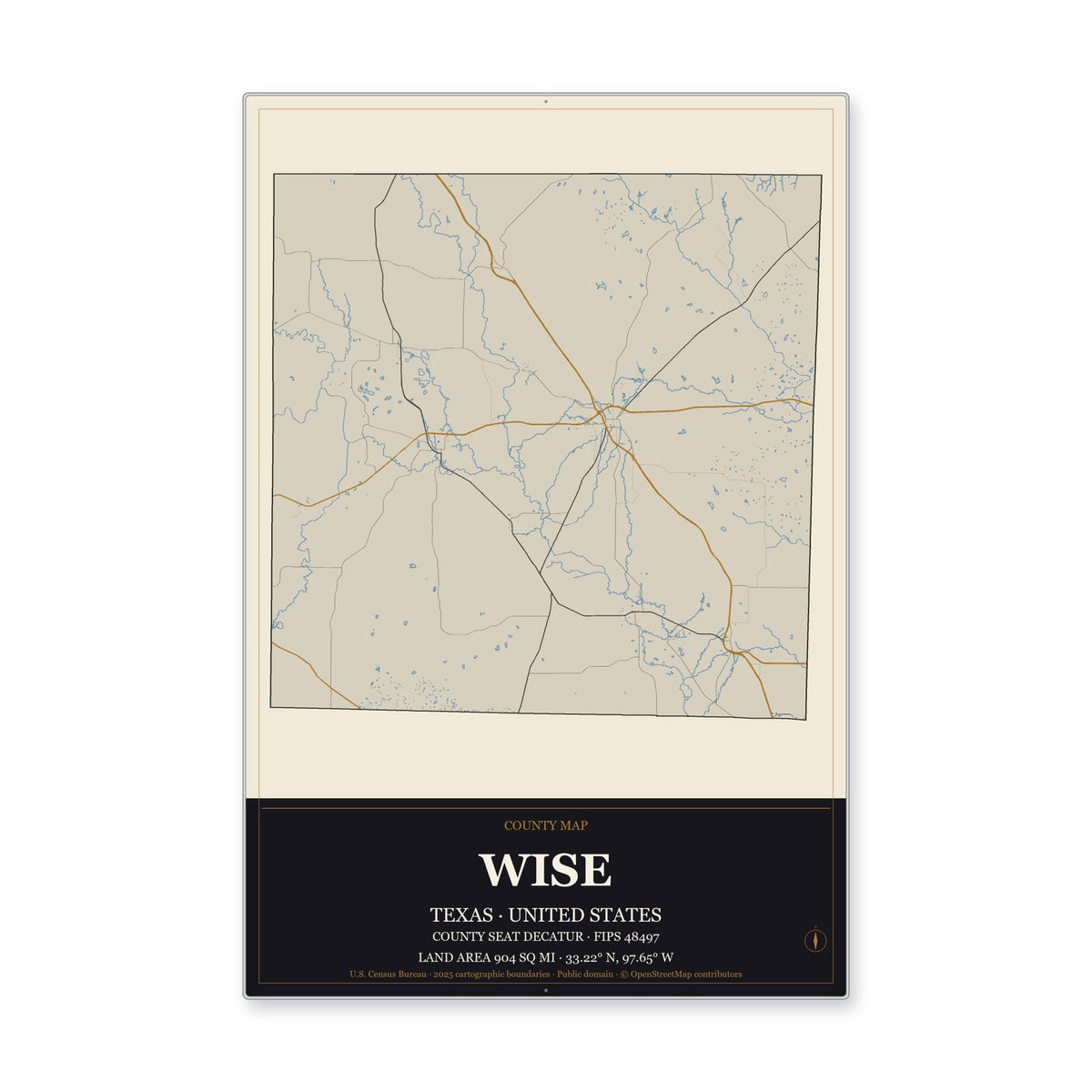 Wise County, Texas Map Aluminum Sign in Museum Plaque style
