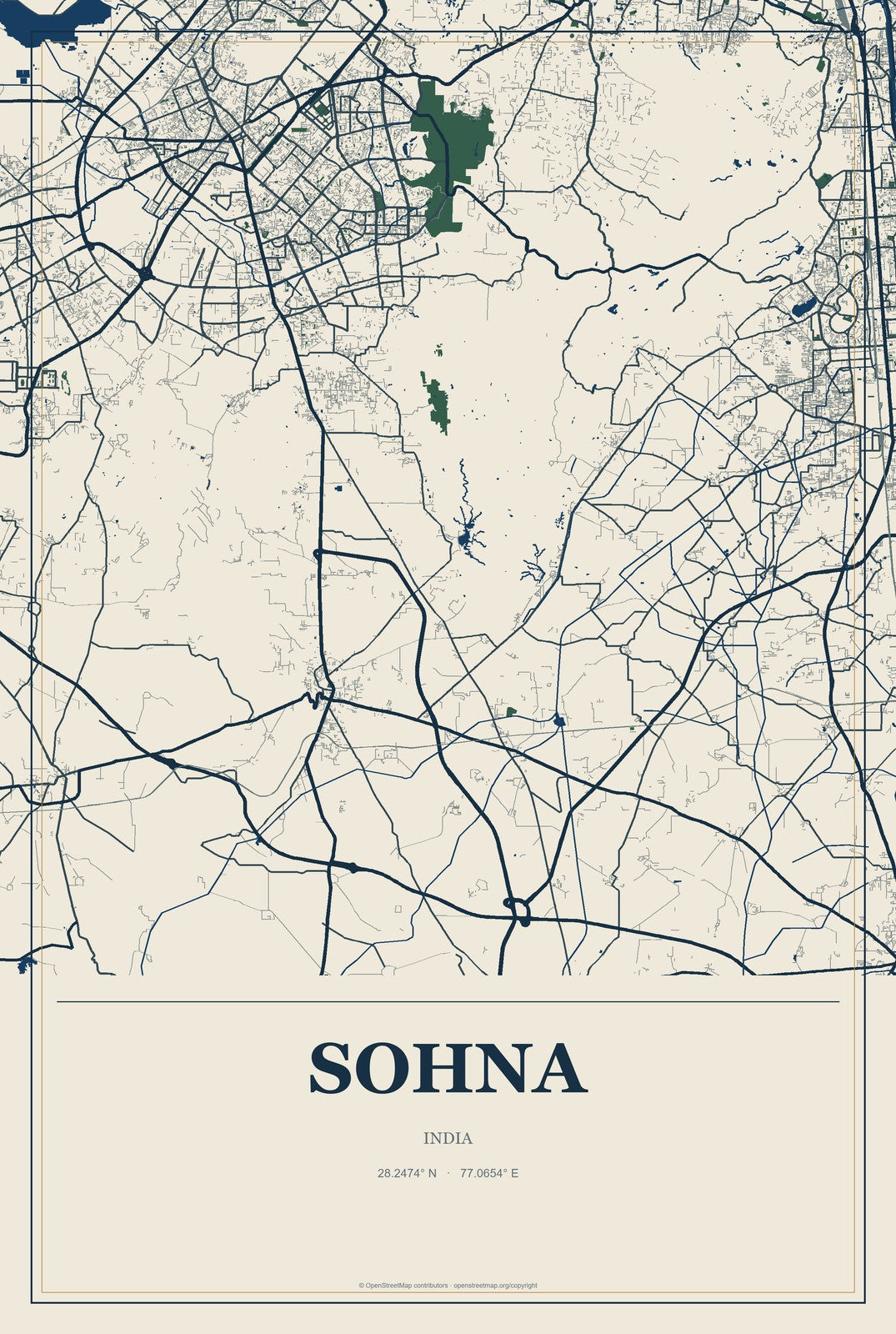 Sohna, India City Map Aluminum Sign in Coastal Cutout style