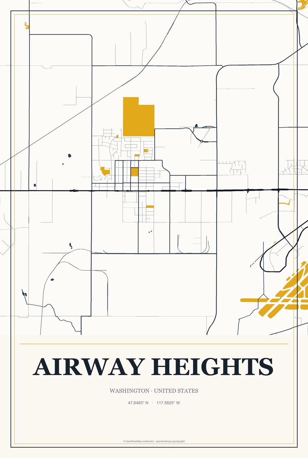 Airway Heights, Washington City Map Aluminum Sign in Citrine Modern style