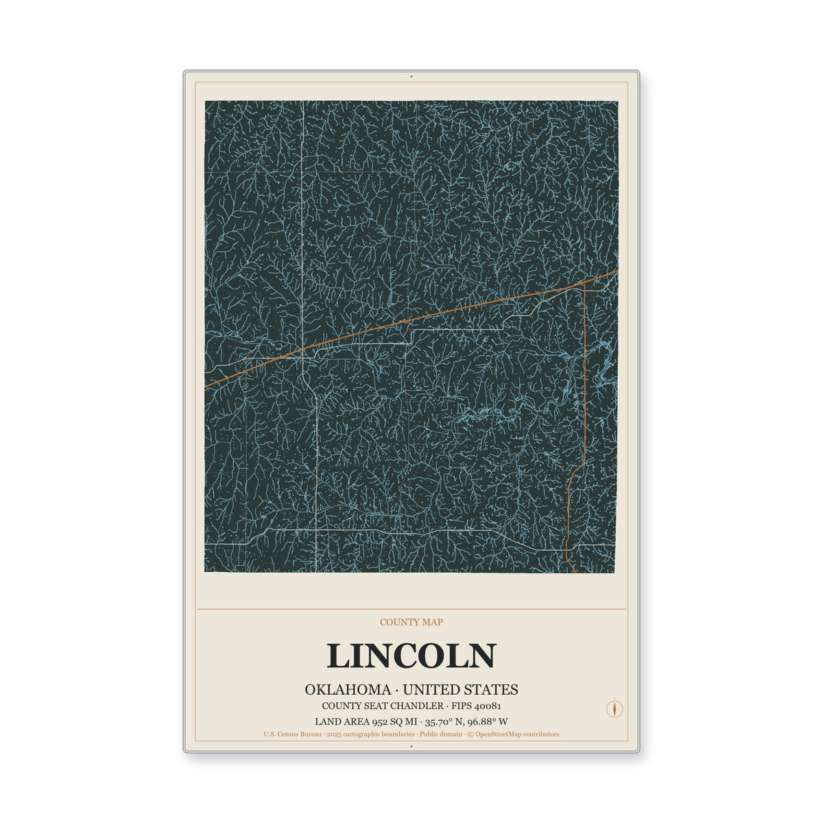 Lincoln County, Oklahoma Map Aluminum Sign in Headline Atlas style