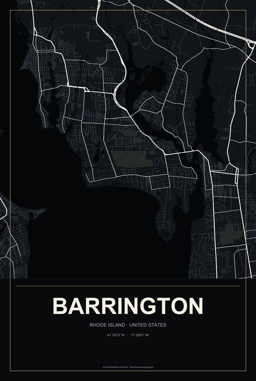 Barrington, Rhode Island City Map Aluminum Sign in Metropolitan Noir style