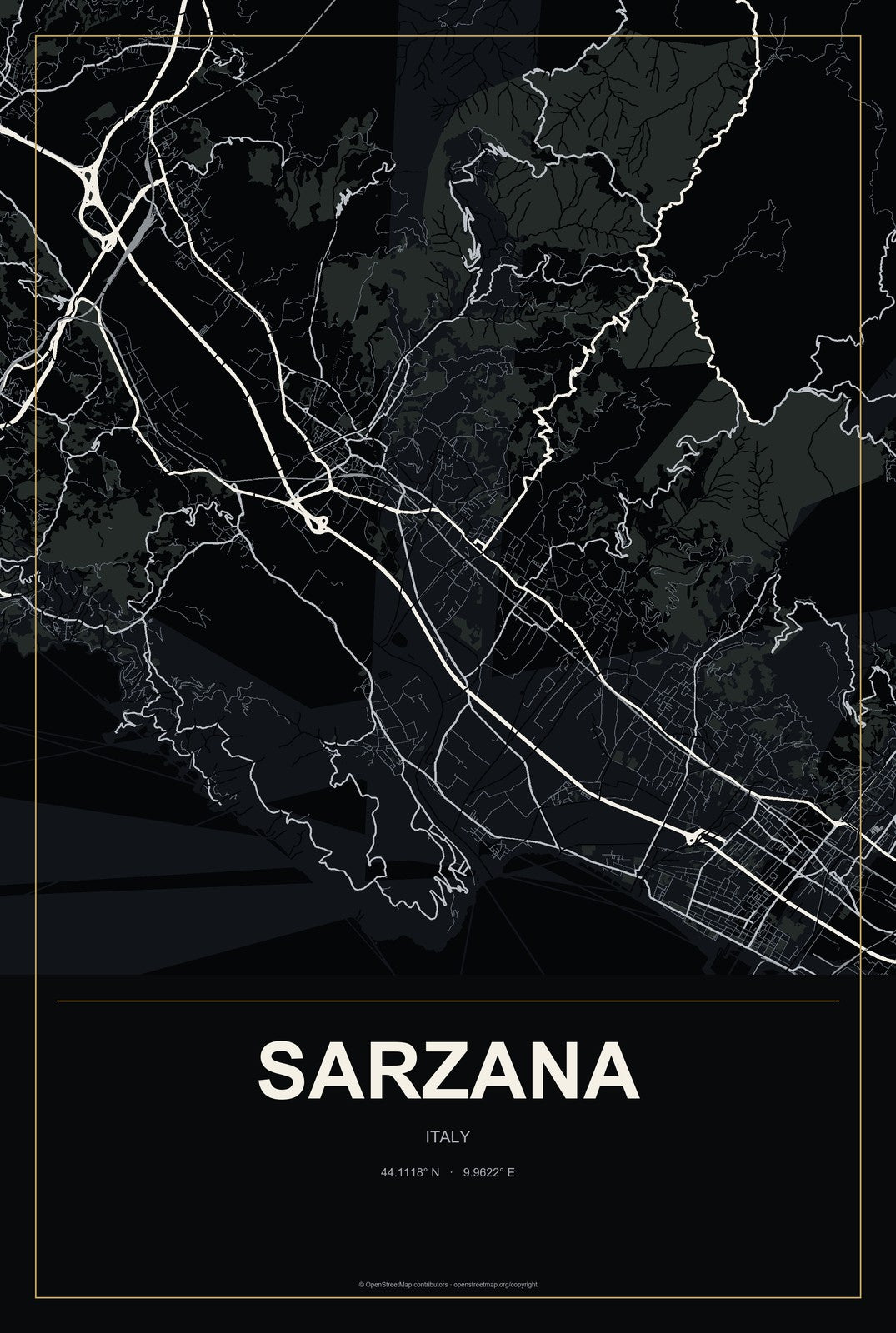 Sarzana, Italy City Map Aluminum Sign in Metropolitan Noir style