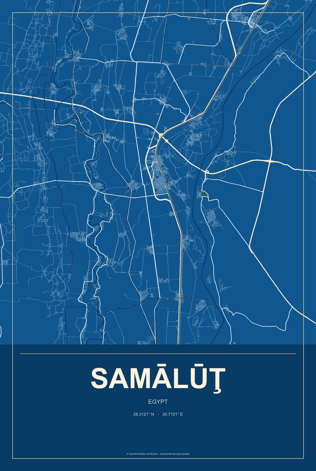 Samālūţ, Egypt City Map Aluminum Sign in Harbor Cobalt style
