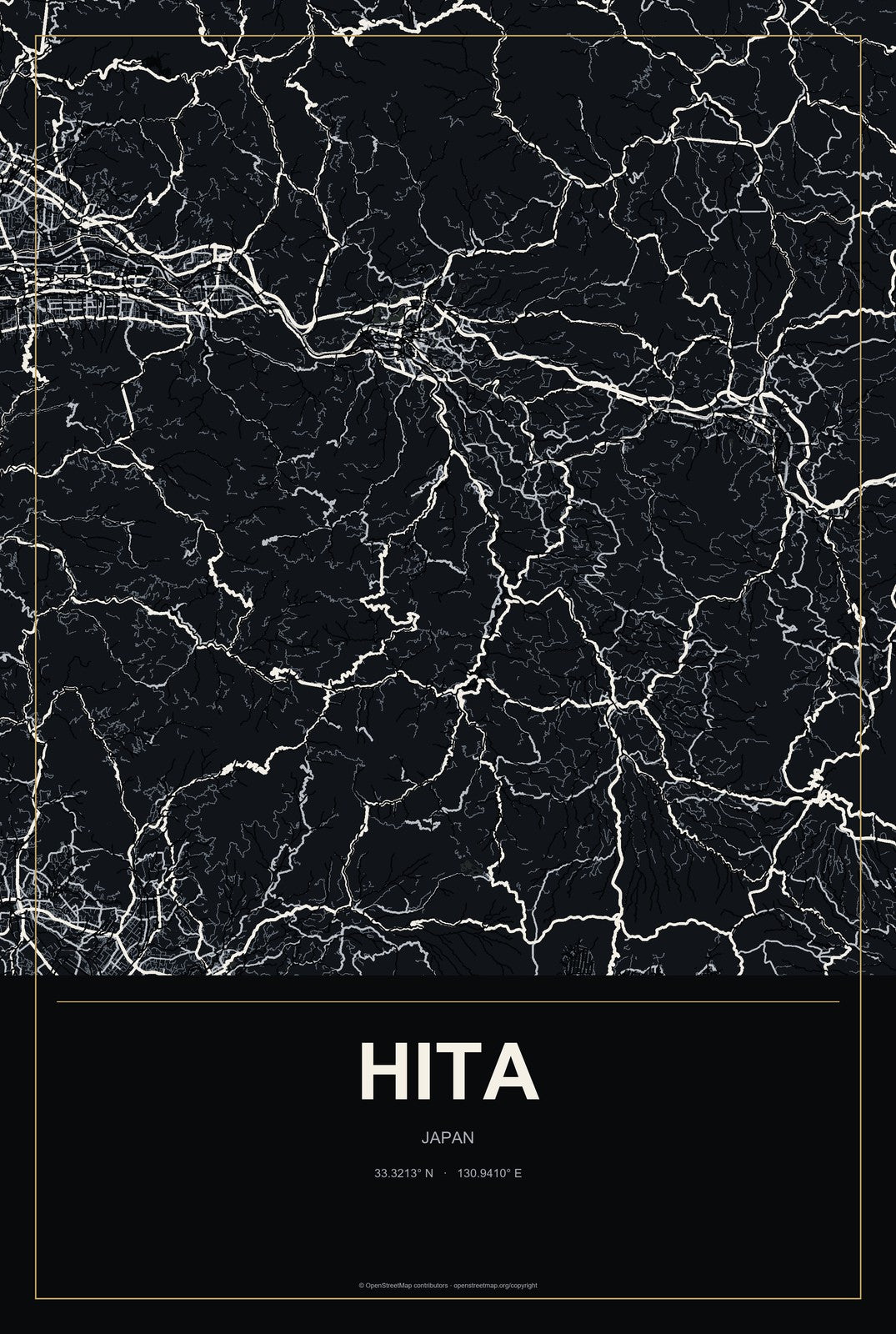 Hita, Japan City Map Aluminum Sign in Metropolitan Noir style