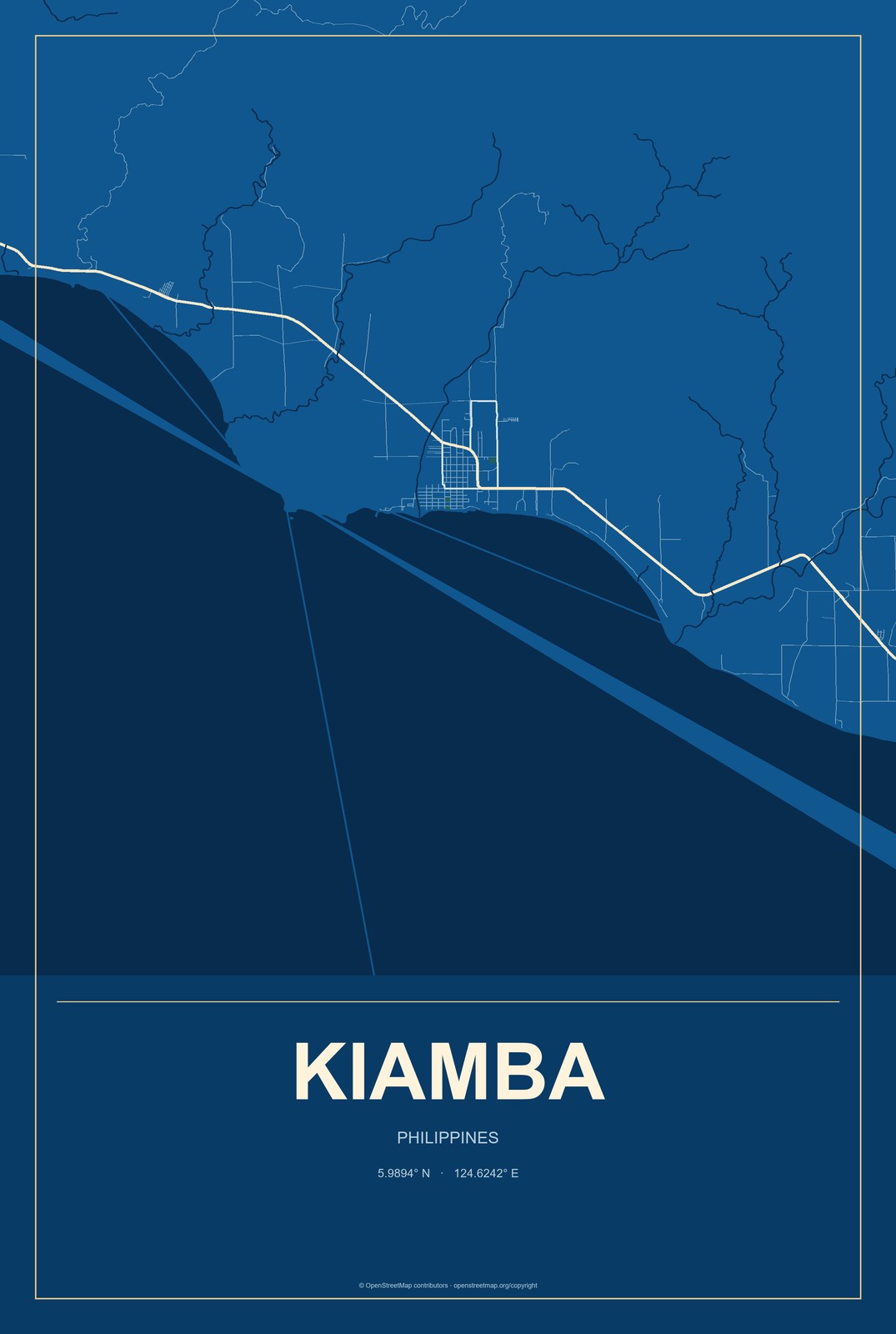 Kiamba, Philippines City Map Aluminum Sign in Harbor Cobalt style
