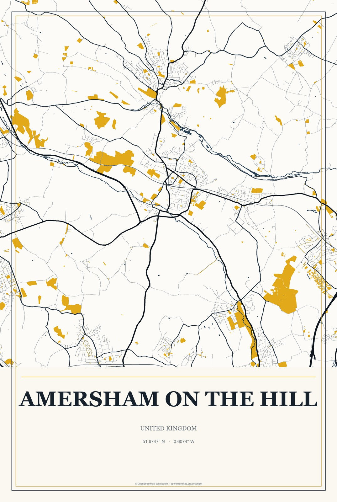 Amersham on the Hill, United Kingdom City Map Aluminum Sign in Citrine Modern style