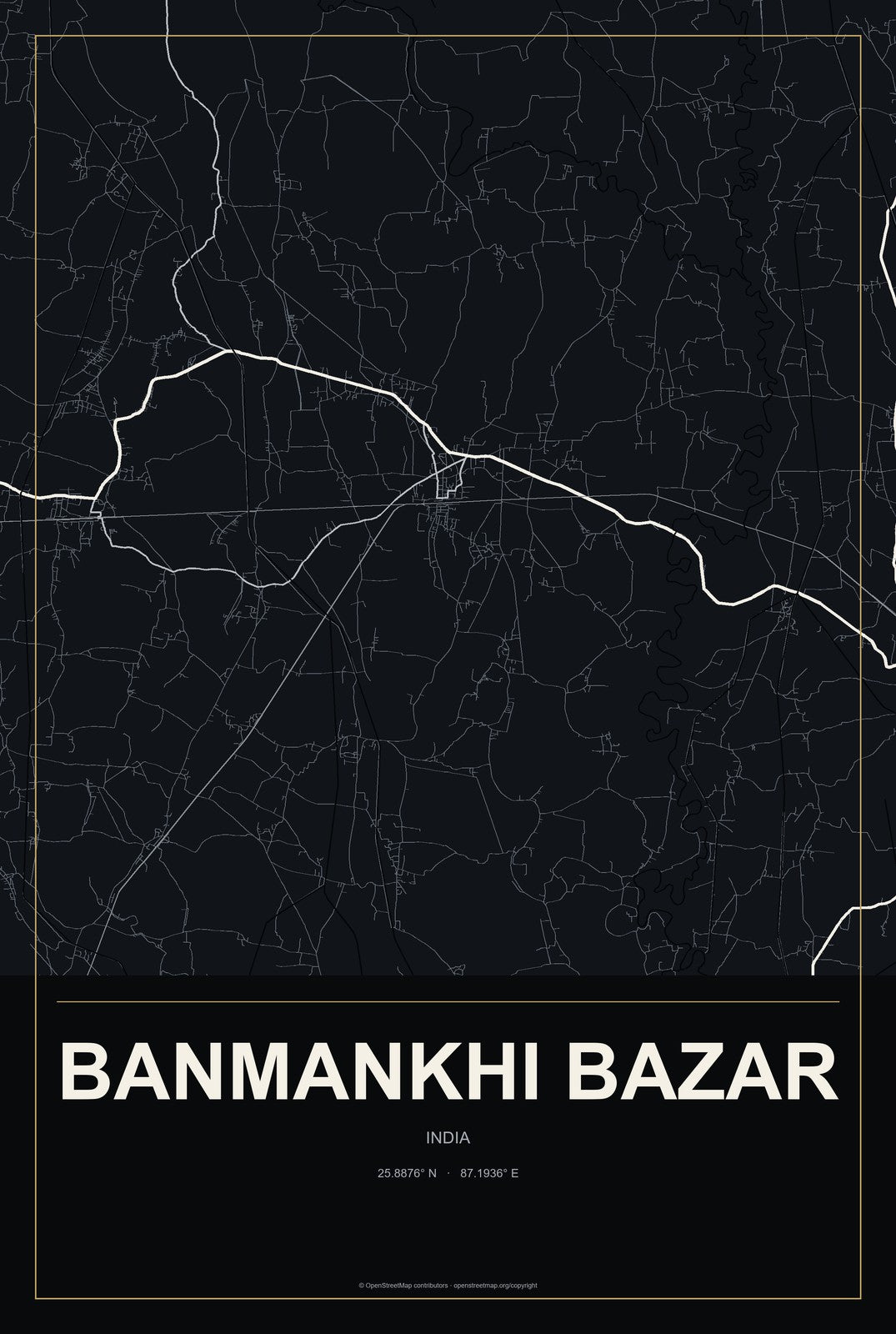 Banmankhi Bazar, India City Map Aluminum Sign in Metropolitan Noir style