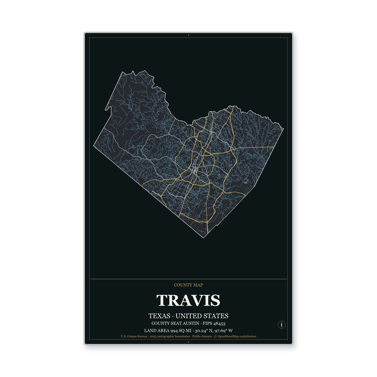Travis County, Texas Map Aluminum Sign in Metropolitan Noir style