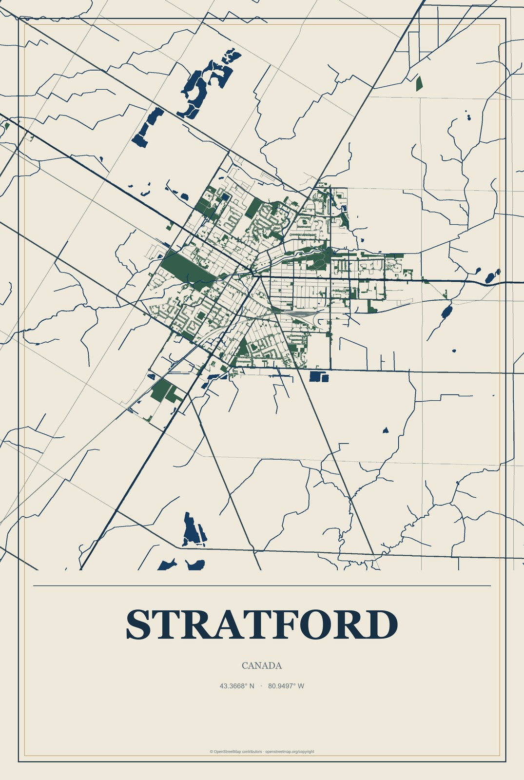 Stratford, Ontario, Canada City Map Aluminum Sign in Coastal Cutout style