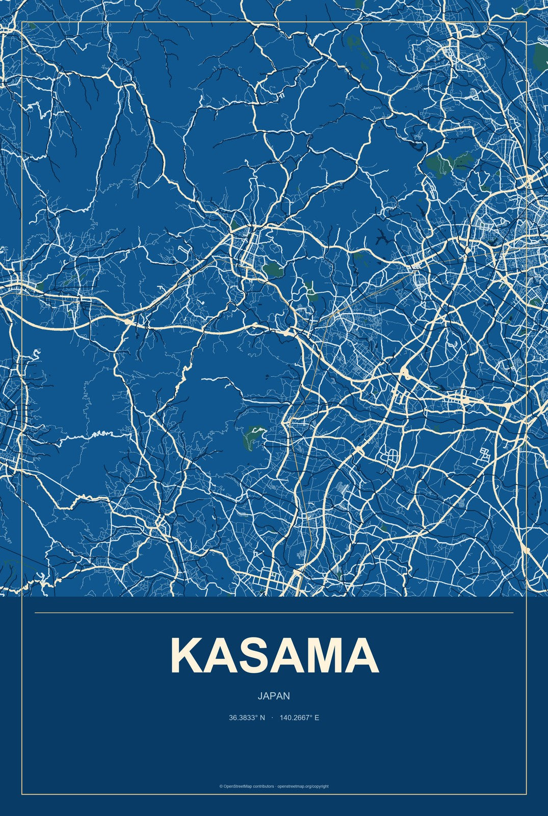 Kasama, Japan City Map Aluminum Sign in Harbor Cobalt style