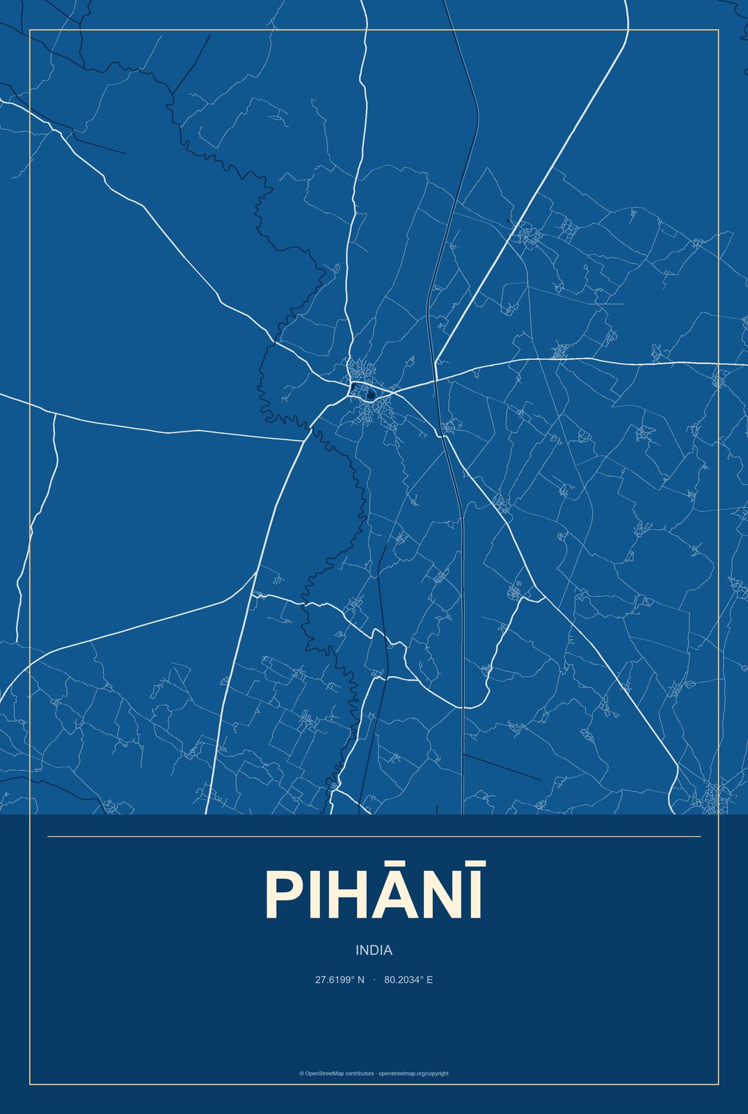 Pihānī, India City Map Aluminum Sign in Harbor Cobalt style