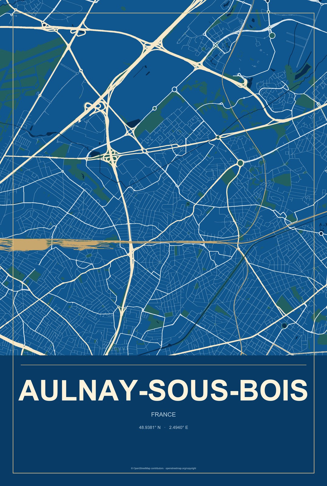 Aulnay-sous-Bois, France City Map Aluminum Sign in Harbor Cobalt style