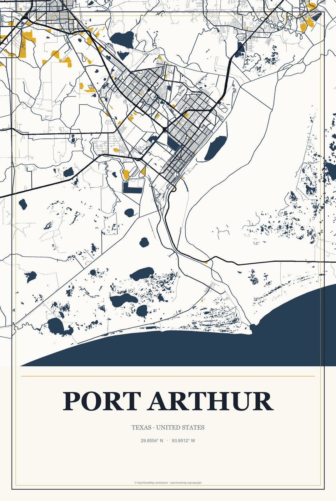 Port Arthur, Texas City Map Aluminum Sign in Citrine Modern style