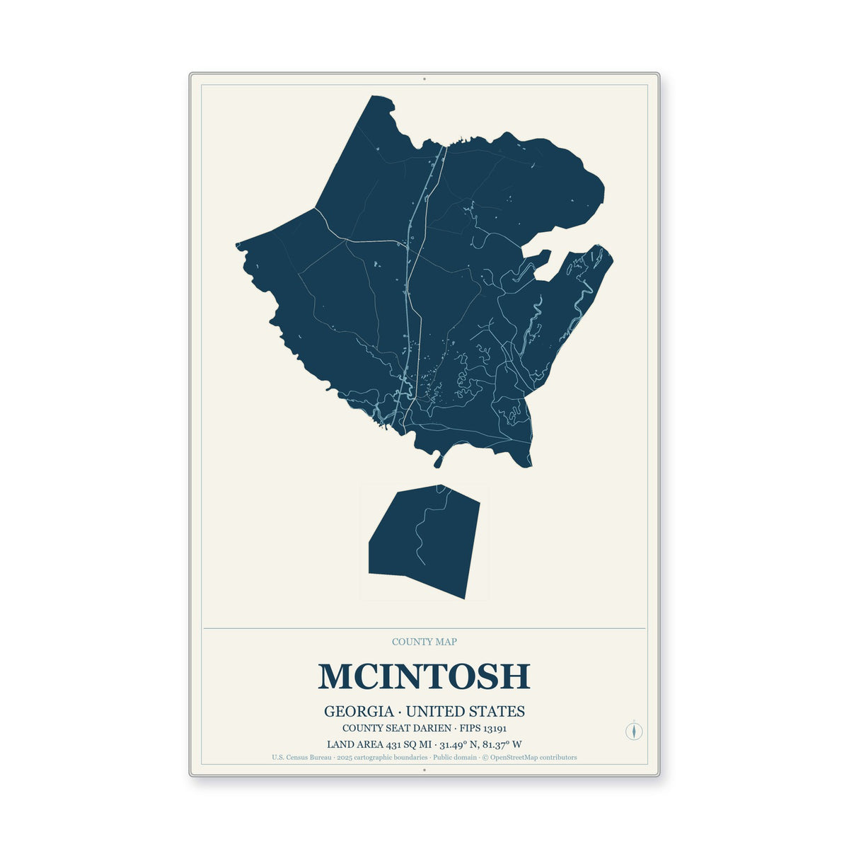 McIntosh County, Georgia Map Aluminum Sign in Coastal Cutout style