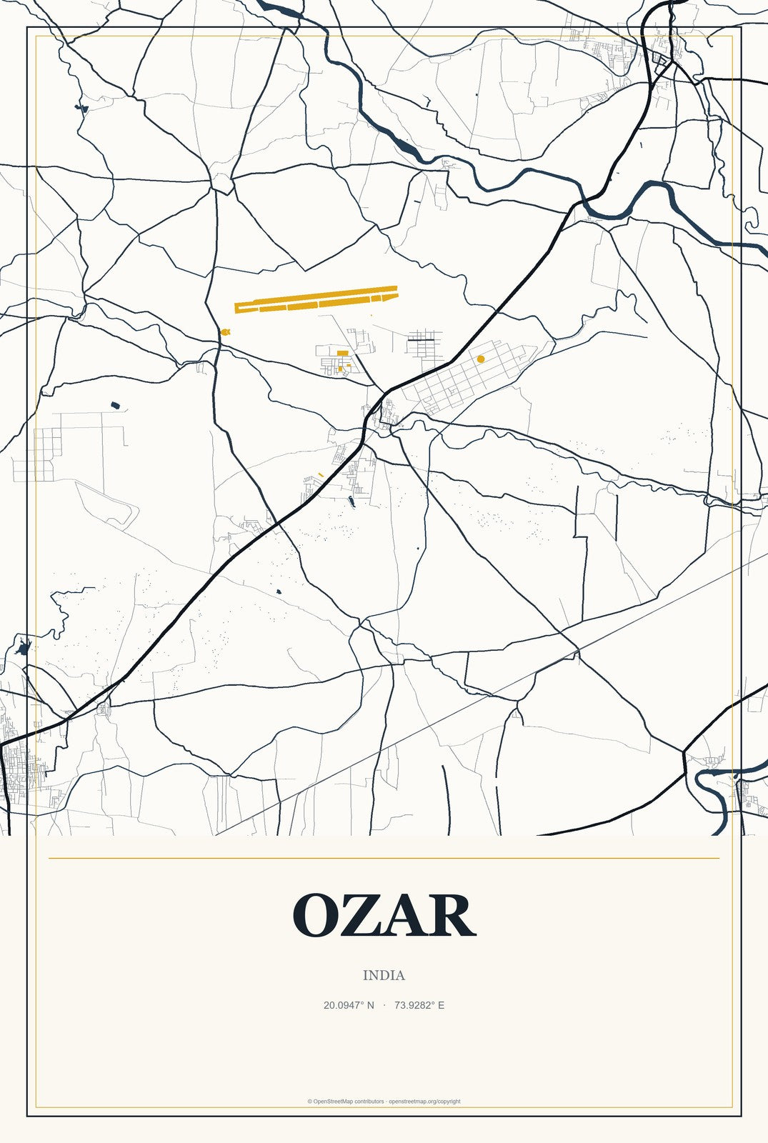 Ozar, India City Map Aluminum Sign in Citrine Modern style