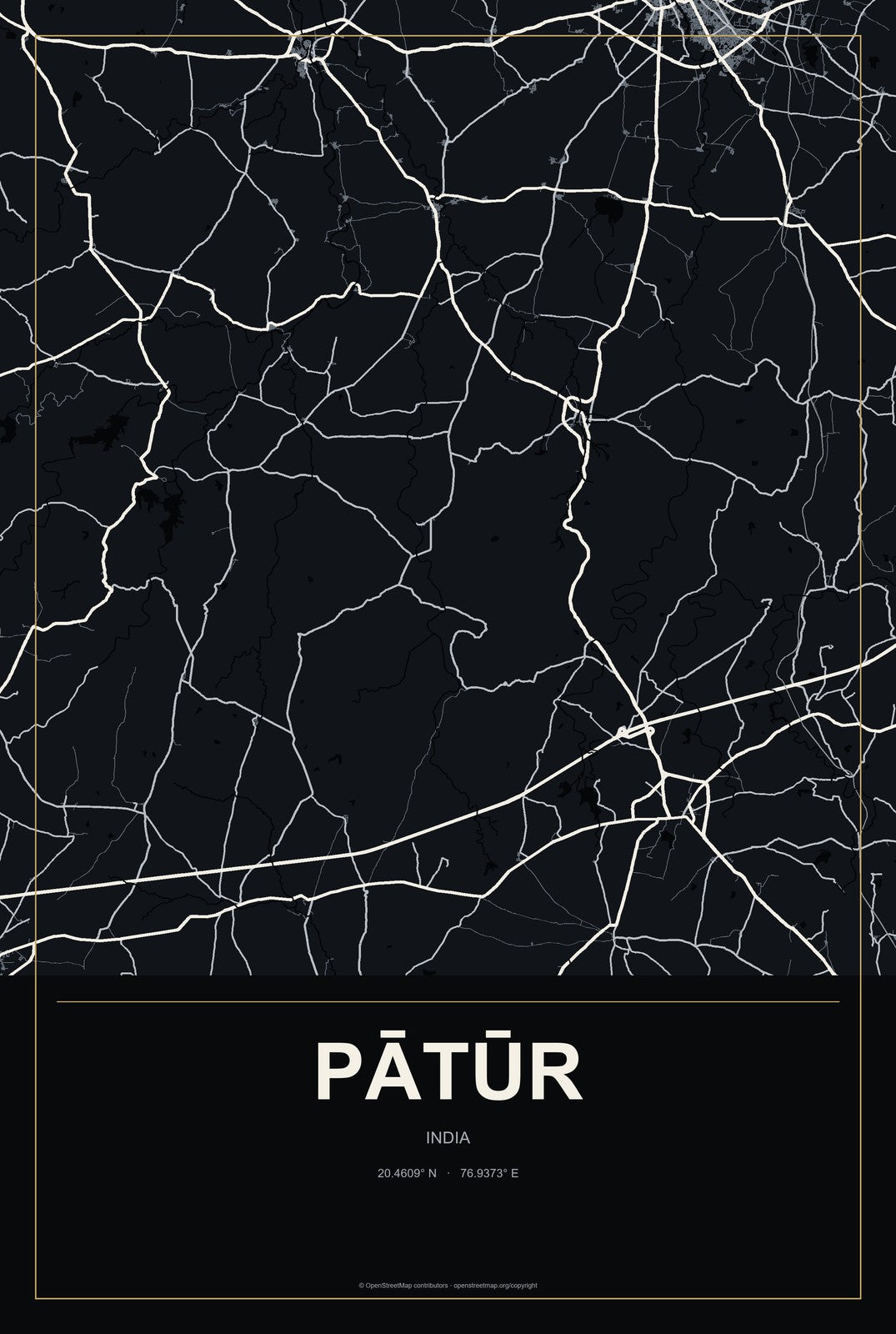 Pātūr, India City Map Aluminum Sign in Metropolitan Noir style