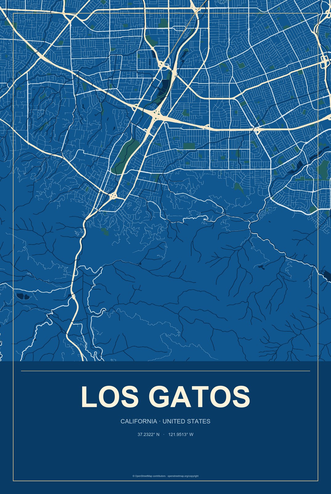 Los Gatos, California City Map Aluminum Sign in Harbor Cobalt style
