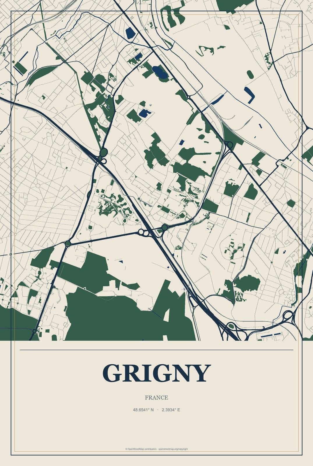 Grigny, France City Map Aluminum Sign in Coastal Cutout style