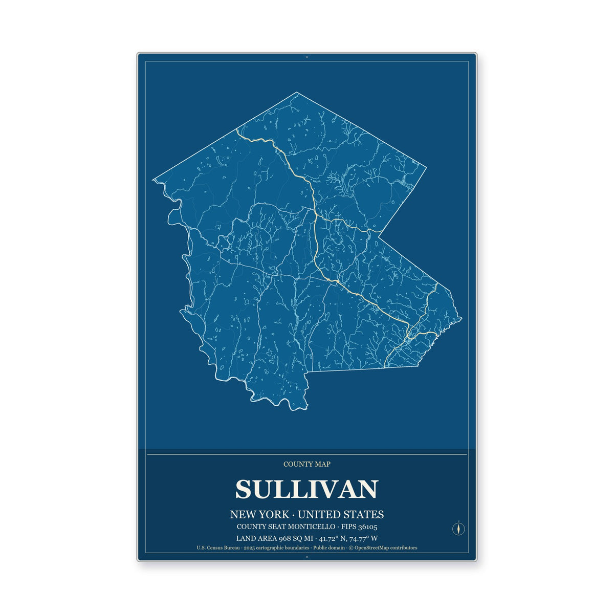 Sullivan County, New York Map Aluminum Sign in Harbor Cobalt style