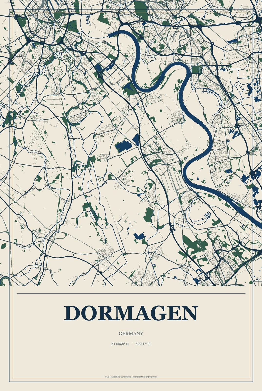 Dormagen, Germany City Map Aluminum Sign in Coastal Cutout style