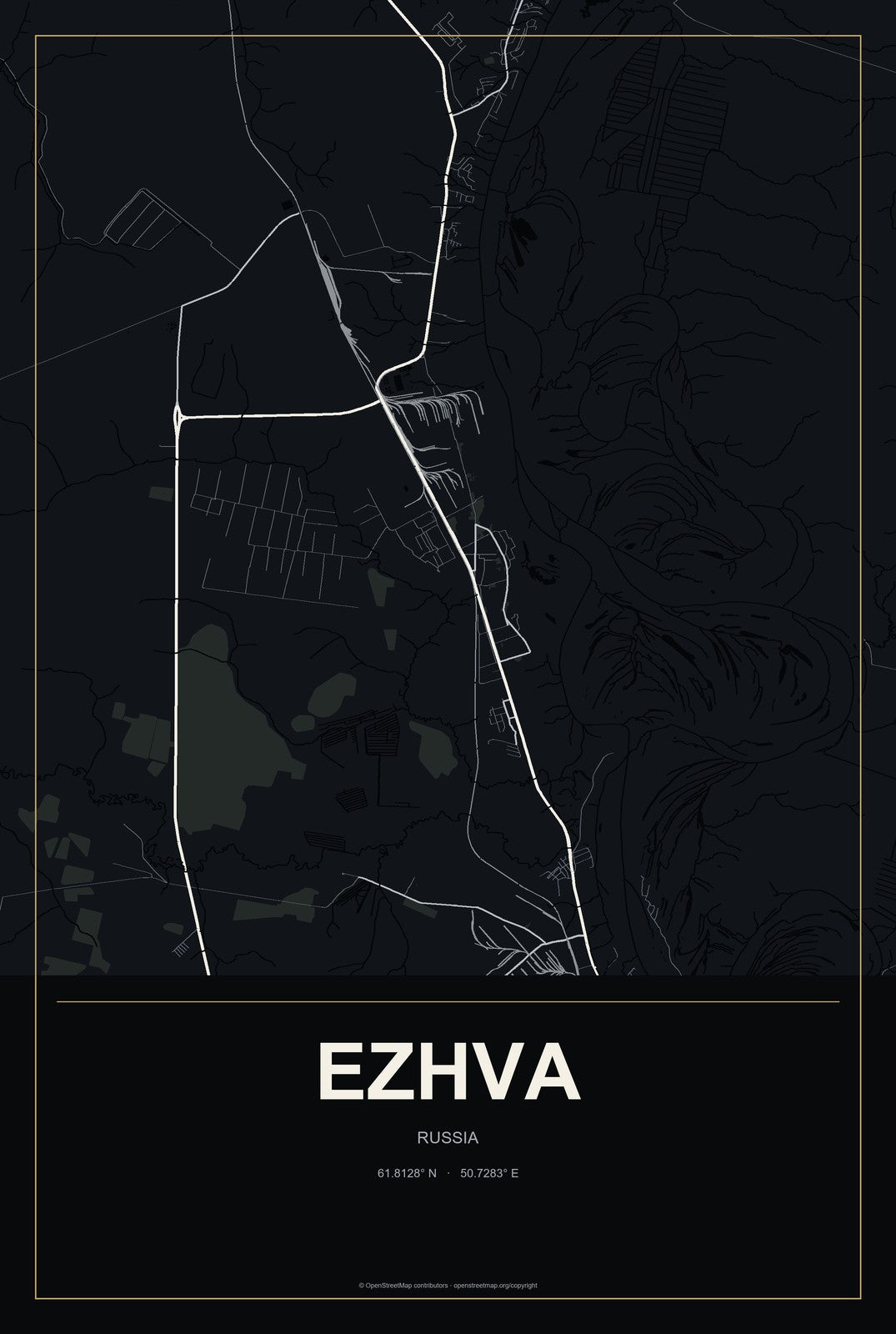 Ezhva, Russia City Map Aluminum Sign in Metropolitan Noir style