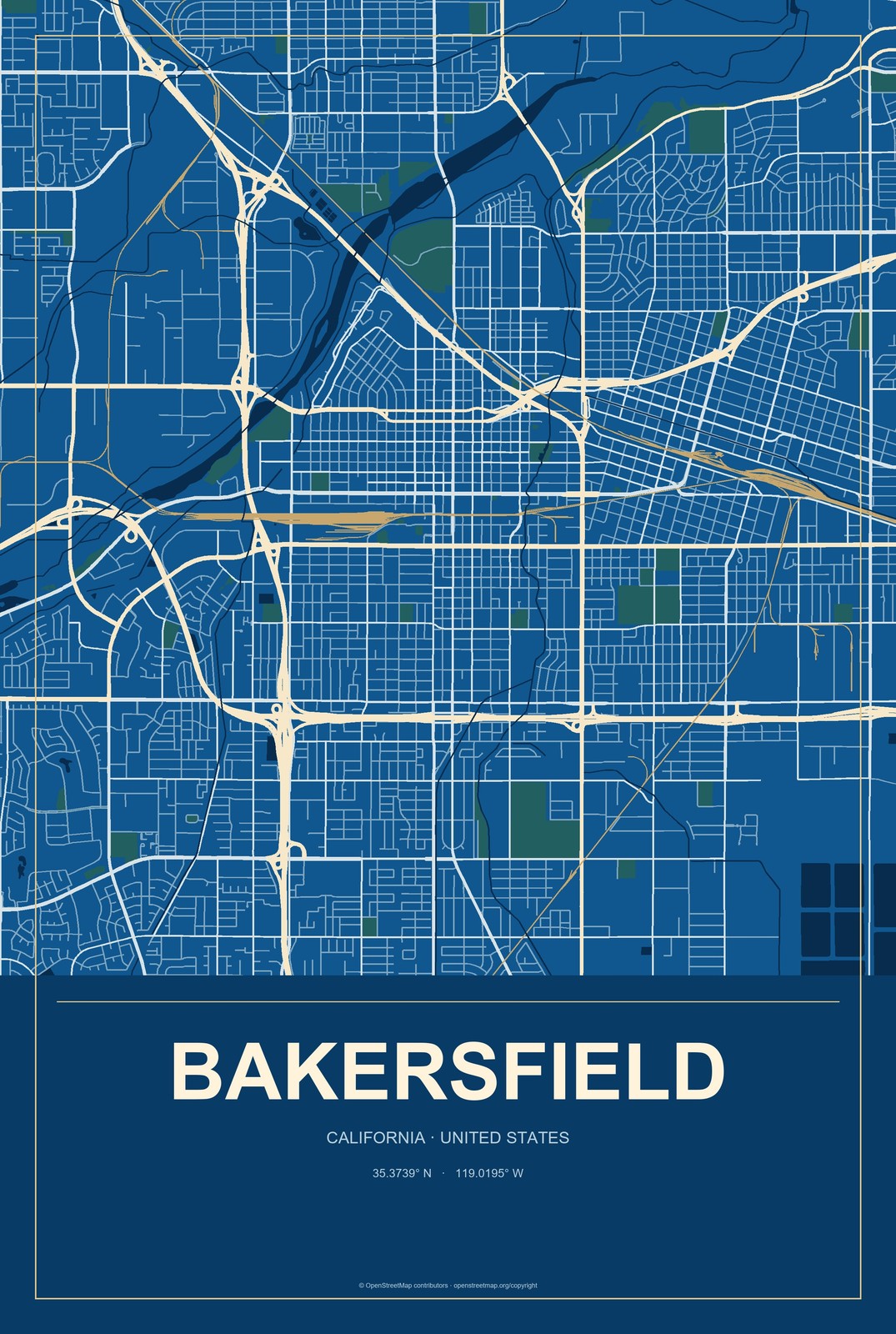 Bakersfield, California City Map Aluminum Sign in Harbor Cobalt style