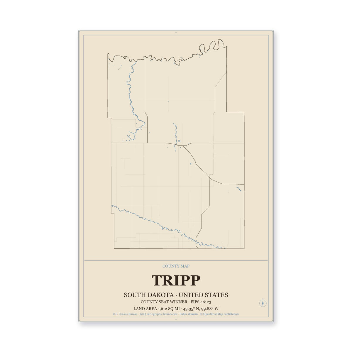 Tripp County, South Dakota Map Aluminum Sign in Heritage Nautical style