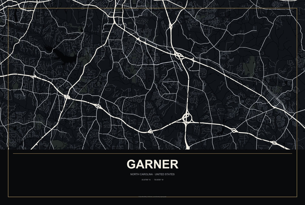 Garner, North Carolina City Map Aluminum Sign in Metropolitan Noir style