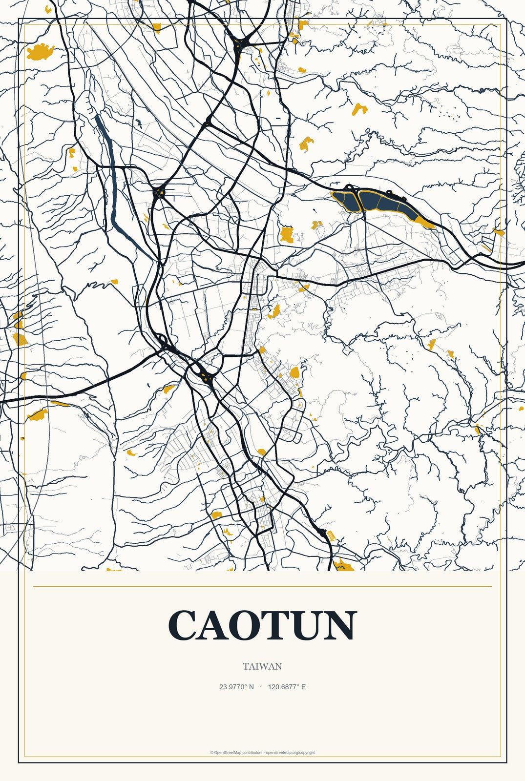 Caotun, Taiwan City Map Aluminum Sign in Citrine Modern style
