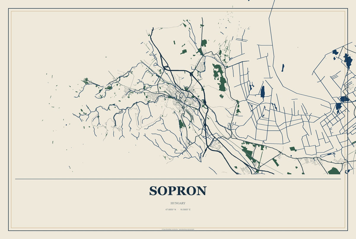 Sopron, Hungary City Map Aluminum Sign in Coastal Cutout style