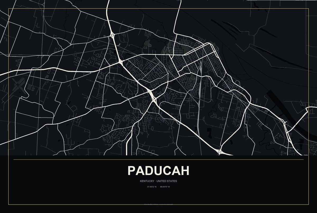 Paducah, Kentucky City Map Aluminum Sign in Metropolitan Noir style