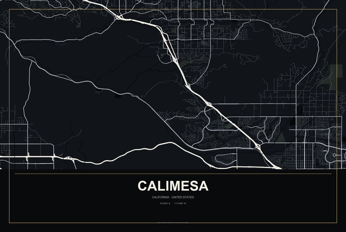Calimesa, California City Map Aluminum Sign in Metropolitan Noir style