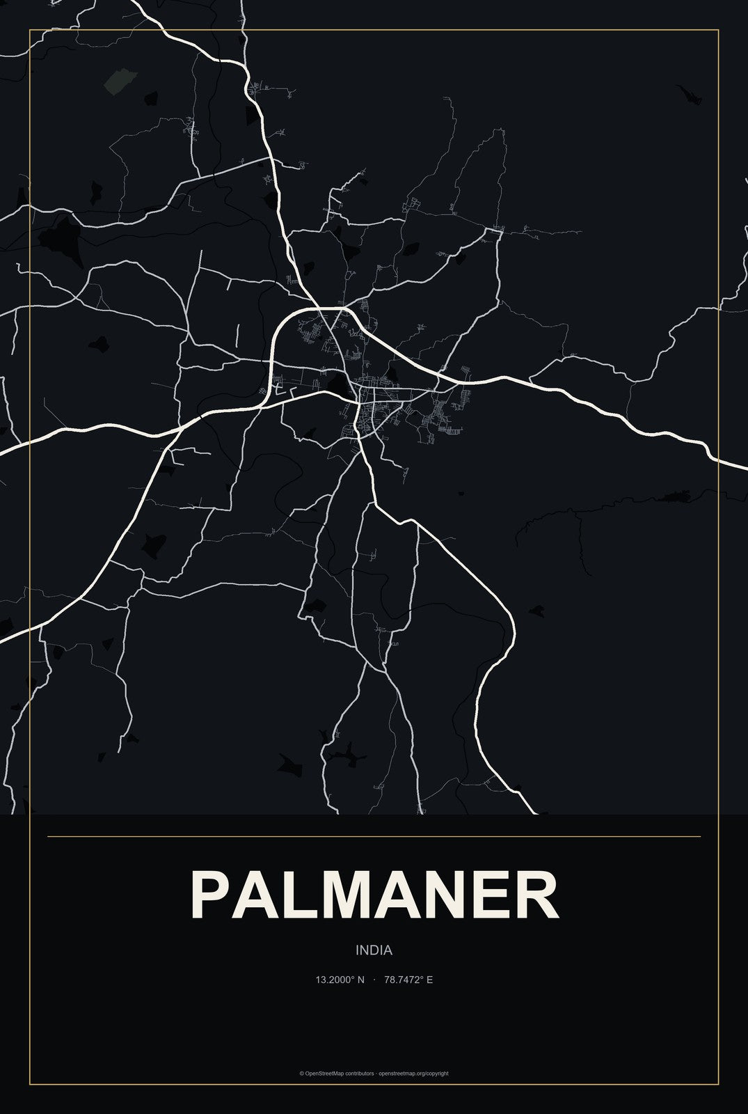 Palmaner, India City Map Aluminum Sign in Metropolitan Noir style