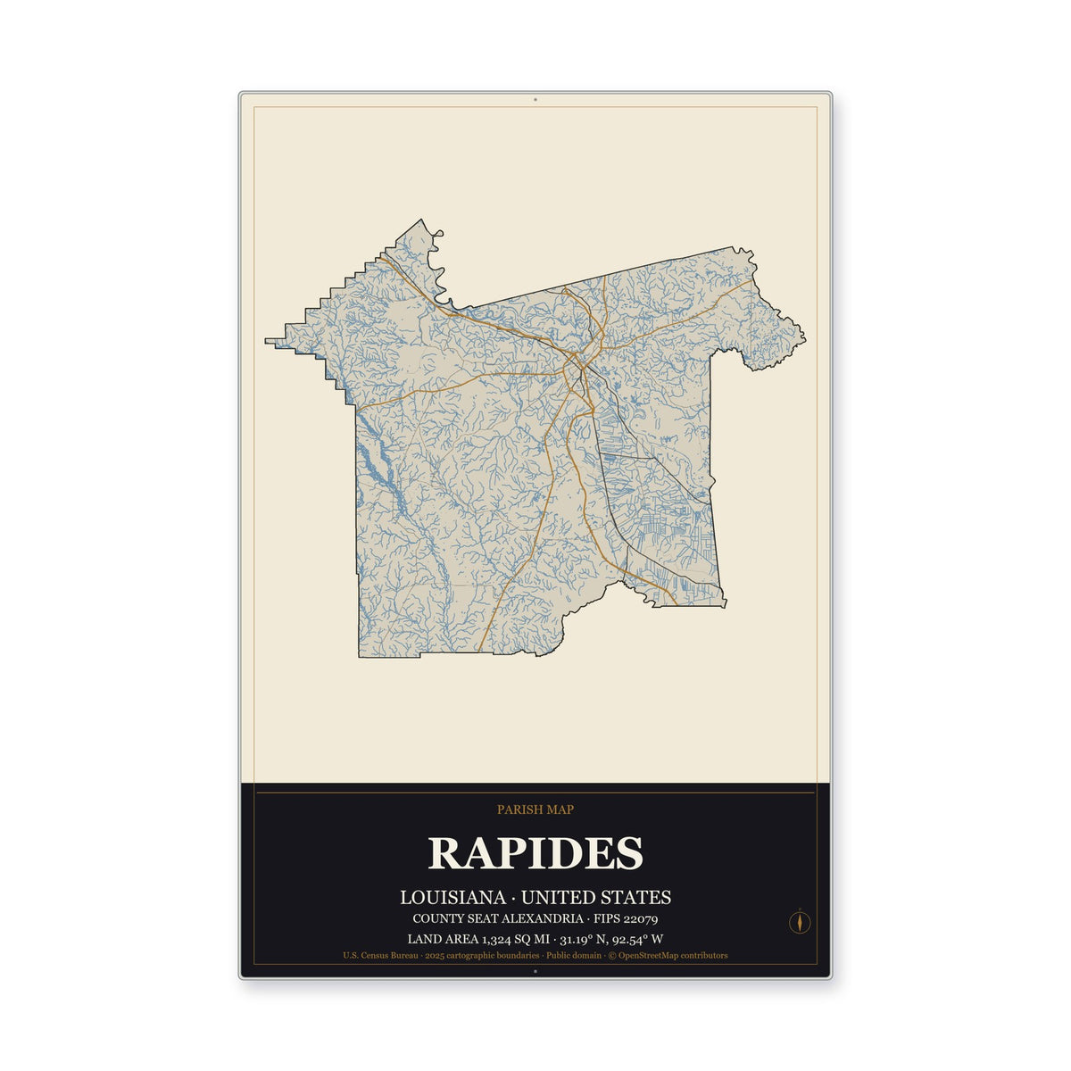Rapides Parish, Louisiana Map Aluminum Sign in Museum Plaque style