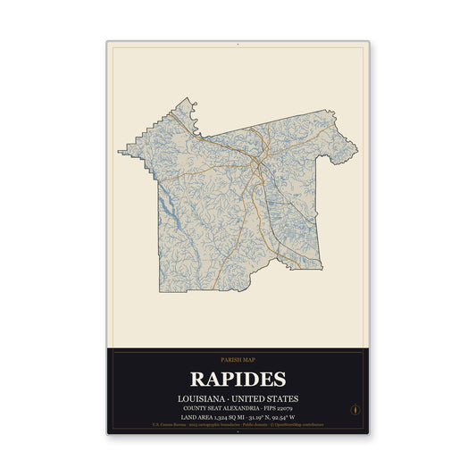 Rapides Parish, Louisiana Map Aluminum Sign in Museum Plaque style