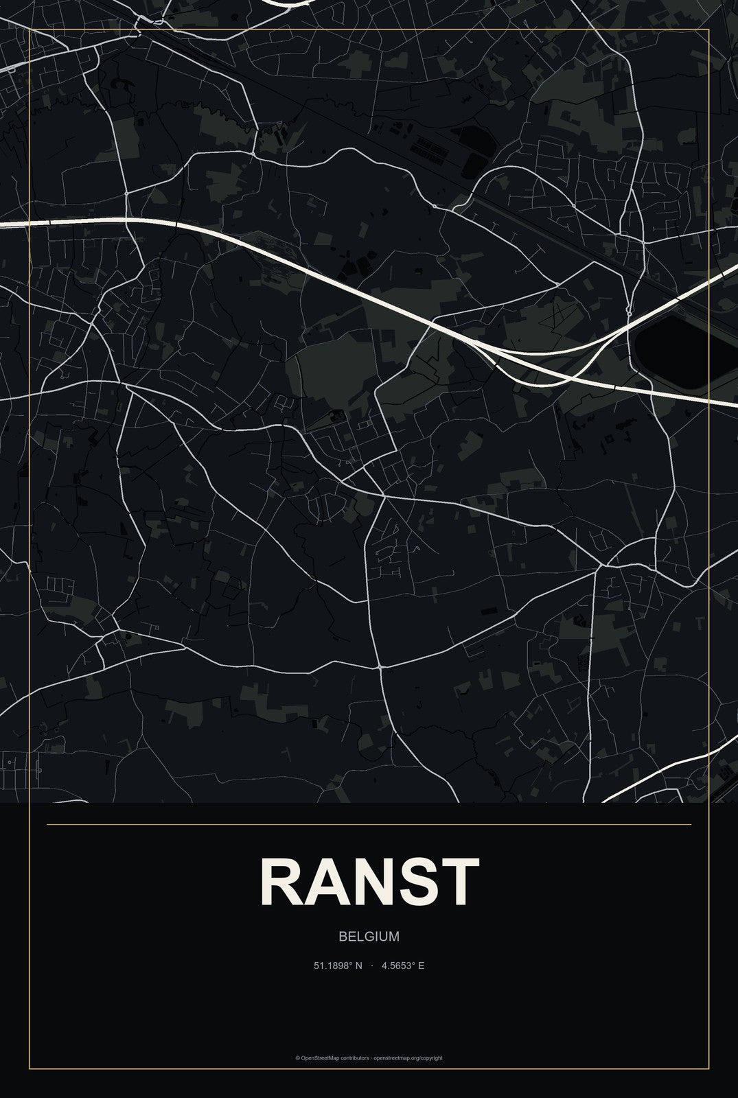 Ranst, Belgium City Map Aluminum Sign in Metropolitan Noir style